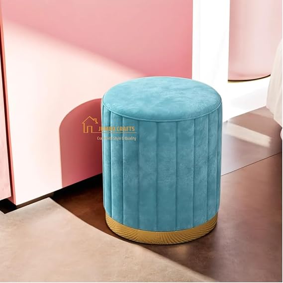 Luxury Grey Velvet Round Ottoman Stool with Gold Base – Modern Upholstered Footrest & Accent Seat