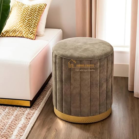 Luxury Grey Velvet Round Ottoman Stool with Gold Base – Modern Upholstered Footrest & Accent Seat