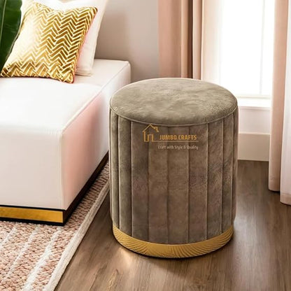 Luxury Grey Velvet Round Ottoman Stool with Gold Base – Modern Upholstered Footrest & Accent Seat
