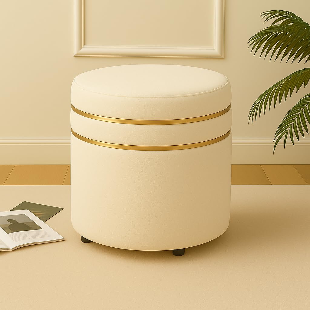 Luxury Velvet Round Ottoman Stool with Gold Accent Band – Multi-Purpose Seating & Footrest