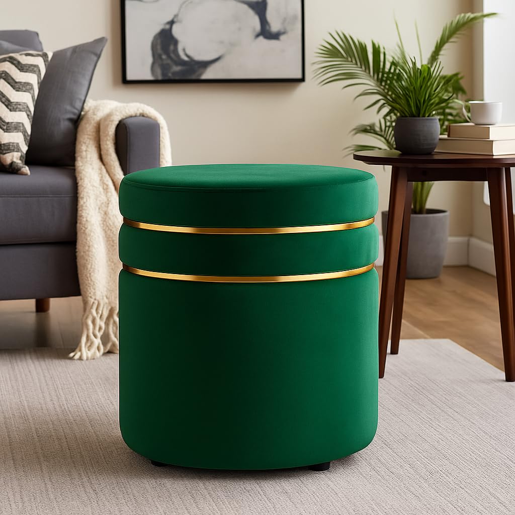 Luxury Velvet Round Ottoman Stool with Gold Accent Band – Multi-Purpose Seating & Footrest