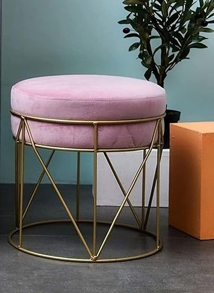 Luxury Velvet Round Ottoman Stool with Gold Metal Base – Modern Accent Seating