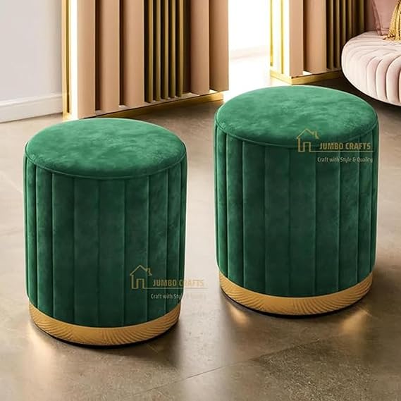 Luxury Velvet Round Ottoman Stool Set (Set of 2) – Modern Upholstered Pouffe with Gold Base