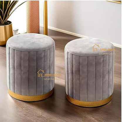 Luxury Velvet Round Ottoman Stool Set (Set of 2) – Modern Upholstered Pouffe with Gold Base