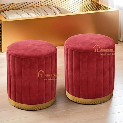 Luxury Velvet Round Ottoman Stool Set (Set of 2) – Modern Upholstered Pouffe with Gold Base