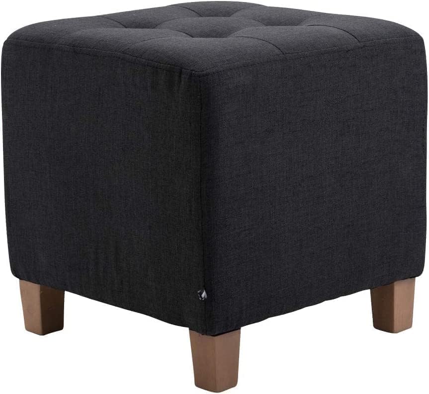 Modern Fabric Upholstered Ottoman Stool with Wooden Legs – Tufted Square Footrest & Extra Seating