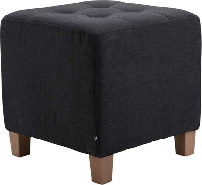 Modern Fabric Upholstered Ottoman Stool with Wooden Legs – Tufted Square Footrest & Extra Seating