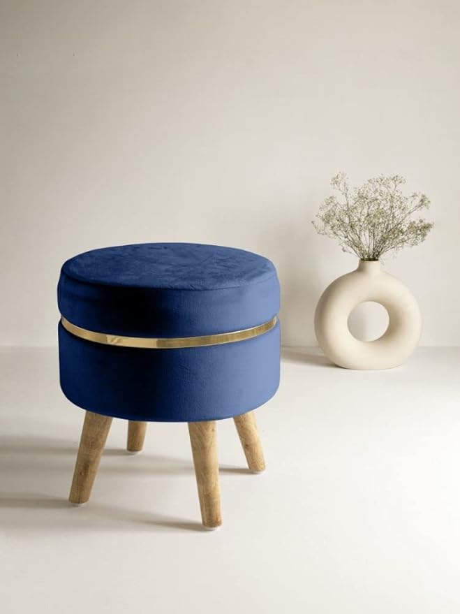 Modern Velvet Round Ottoman Stool with Wooden Legs & Gold Accent – Blue Footrest Pouffe