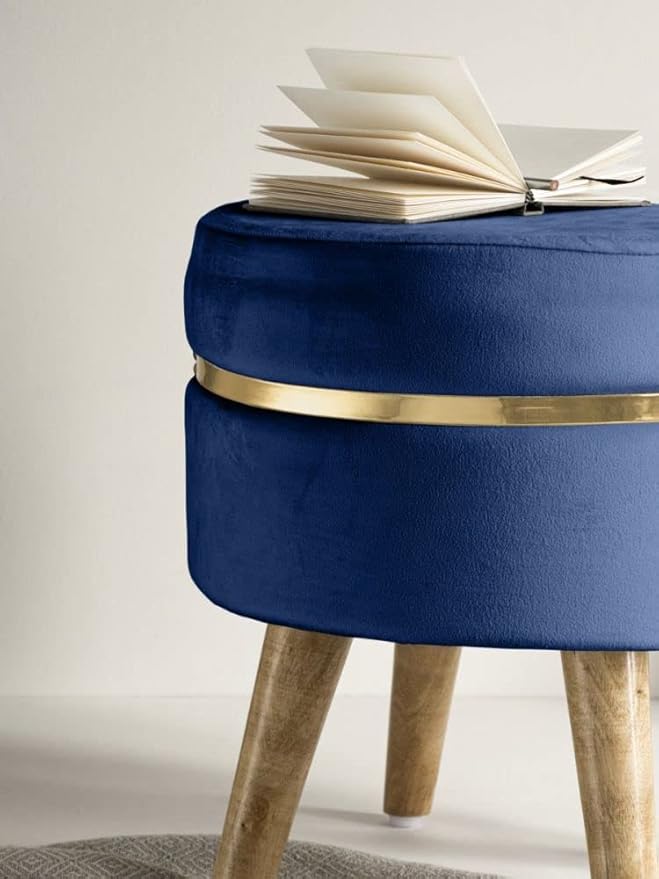 Modern Velvet Round Ottoman Stool with Wooden Legs & Gold Accent – Blue Footrest Pouffe