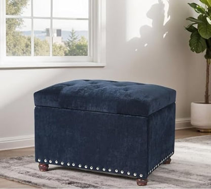 Luxury Navy Blue Velvet Storage Ottoman Bench with Nailhead Trim