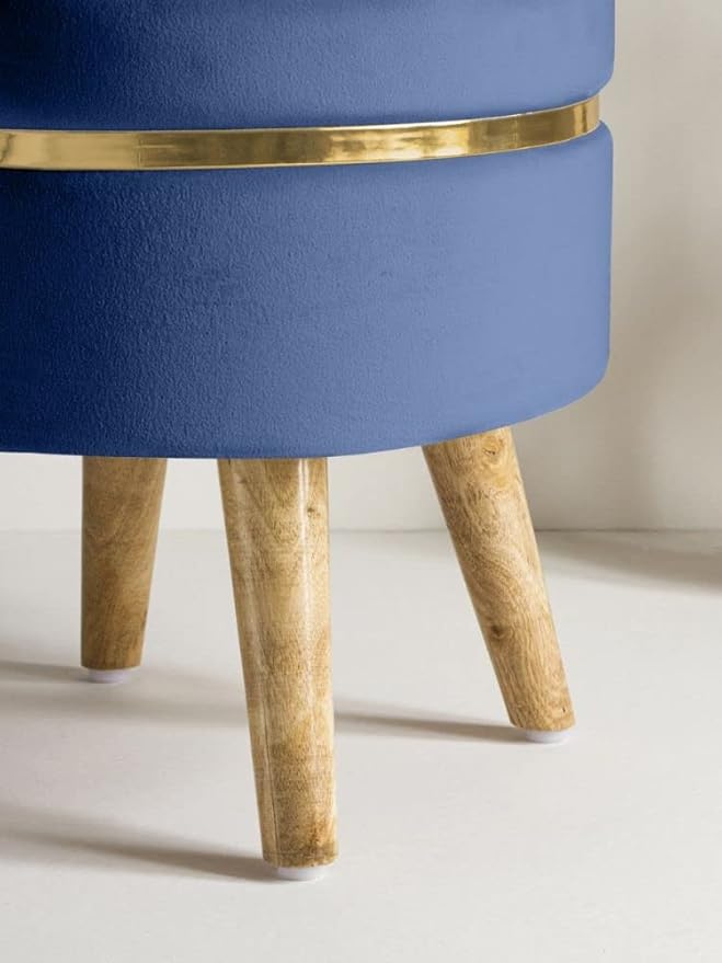 Modern Velvet Round Ottoman Stool with Wooden Legs & Gold Accent – Blue Footrest Pouffe