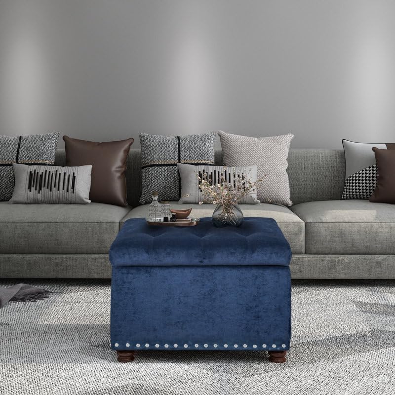 Luxury Navy Blue Velvet Storage Ottoman Bench with Nailhead Trim