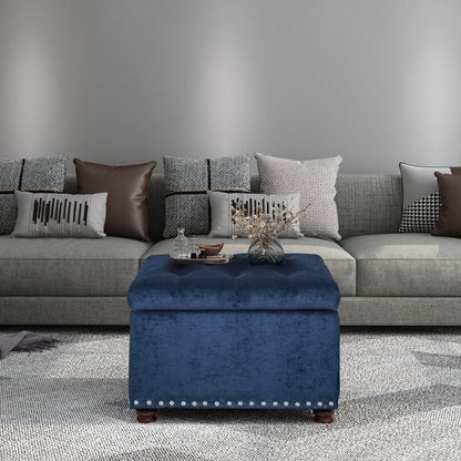 Luxury Navy Blue Velvet Storage Ottoman Bench with Nailhead Trim