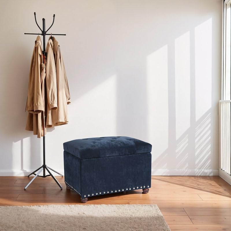Luxury Navy Blue Velvet Storage Ottoman Bench with Nailhead Trim
