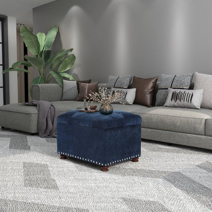 Luxury Navy Blue Velvet Storage Ottoman Bench with Nailhead Trim