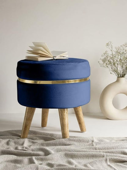 Modern Velvet Round Ottoman Stool with Wooden Legs & Gold Accent – Blue Footrest Pouffe