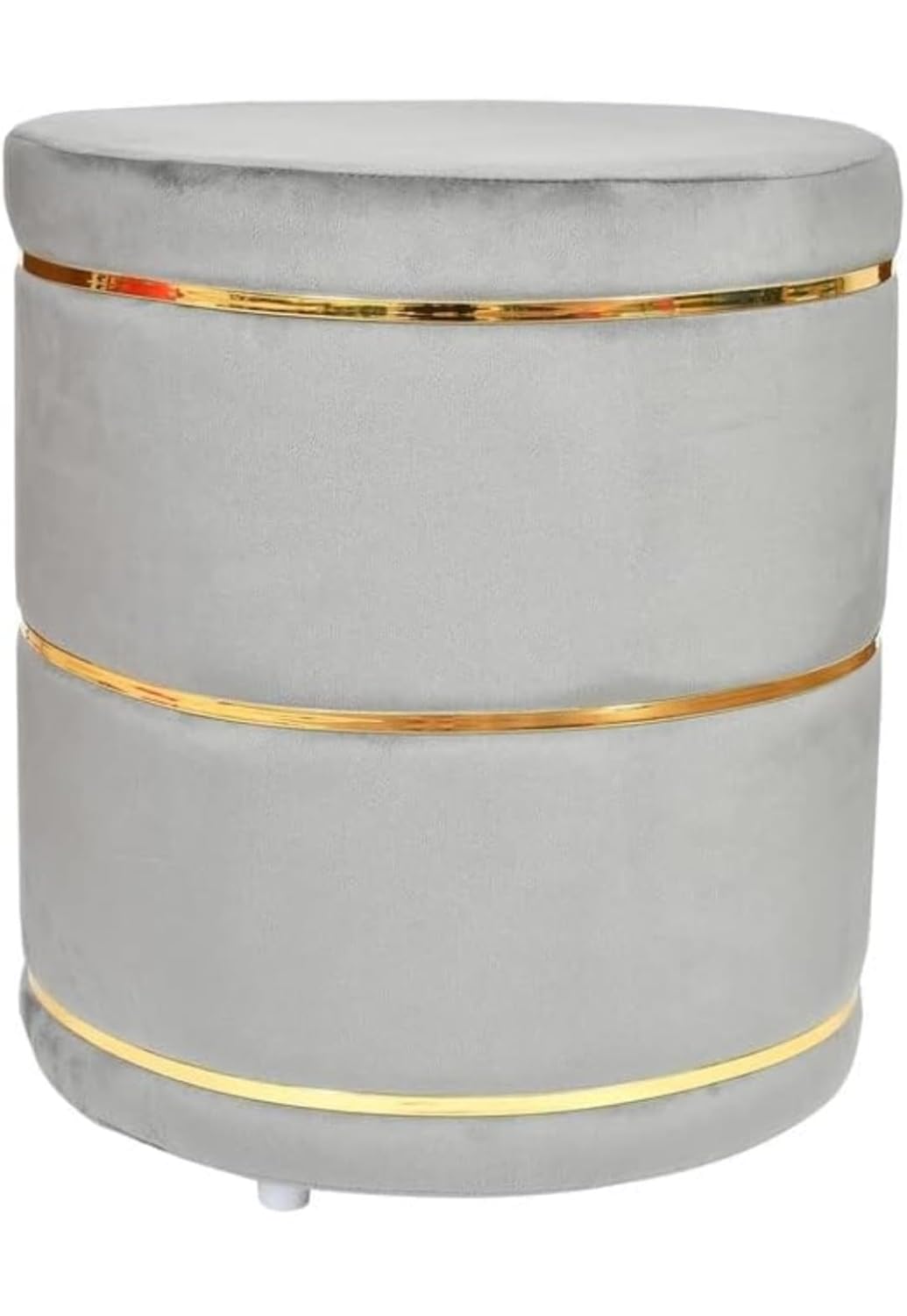 Luxury Grey Velvet Round Ottoman Stool with Gold Metal Accents – Modern Pouffe for Living Room & Bedroom