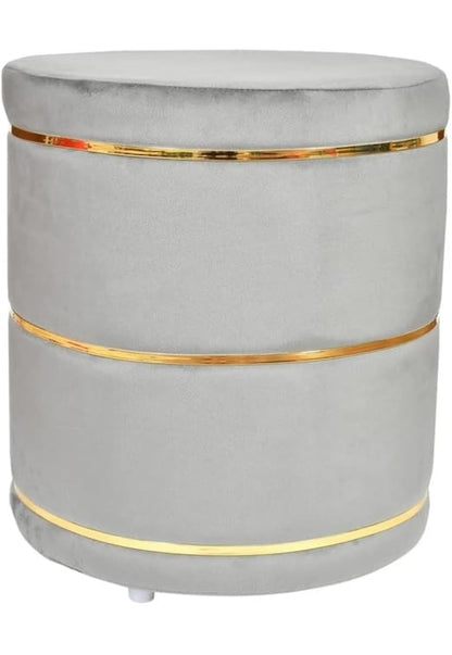 Luxury Grey Velvet Round Ottoman Stool with Gold Metal Accents – Modern Pouffe for Living Room & Bedroom