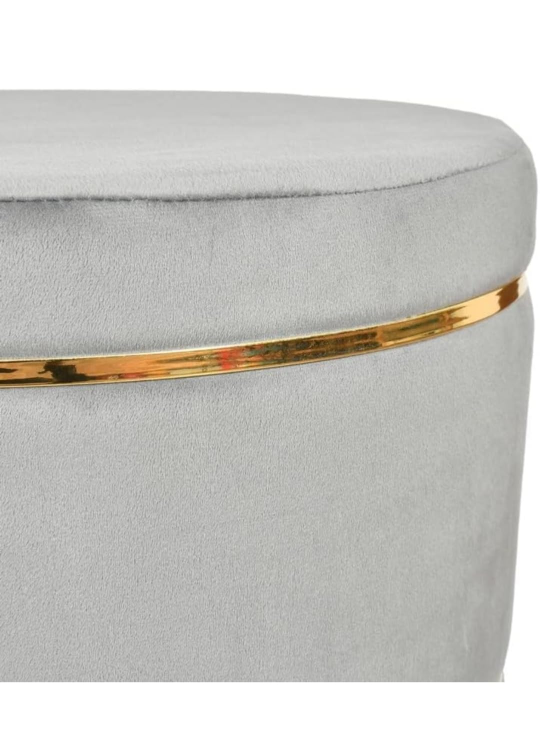 Luxury Grey Velvet Round Ottoman Stool with Gold Metal Accents – Modern Pouffe for Living Room & Bedroom