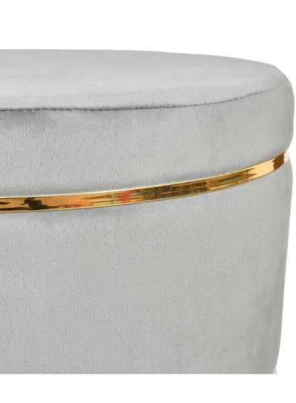 Luxury Grey Velvet Round Ottoman Stool with Gold Metal Accents – Modern Pouffe for Living Room & Bedroom