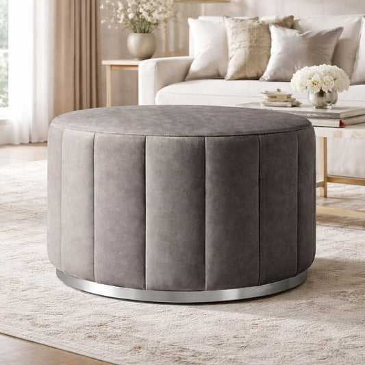 Luxury Round Velvet Ottoman Coffee Table with Stainless Steel Base – Modern Upholstered Footstool