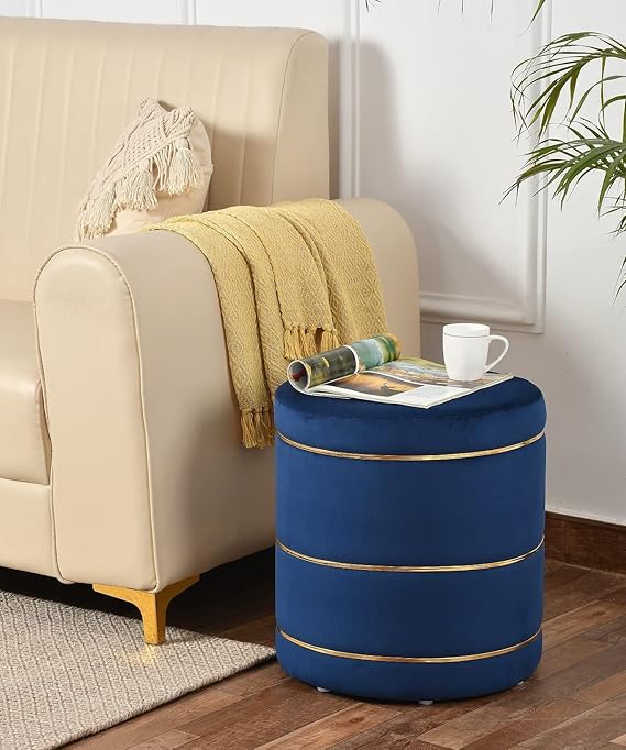 Luxury Grey Velvet Round Ottoman Stool with Gold Metal Accents – Modern Pouffe for Living Room & Bedroom