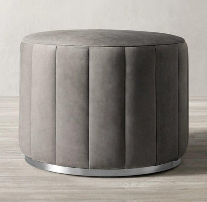 Luxury Round Velvet Ottoman Coffee Table with Stainless Steel Base – Modern Upholstered Footstool