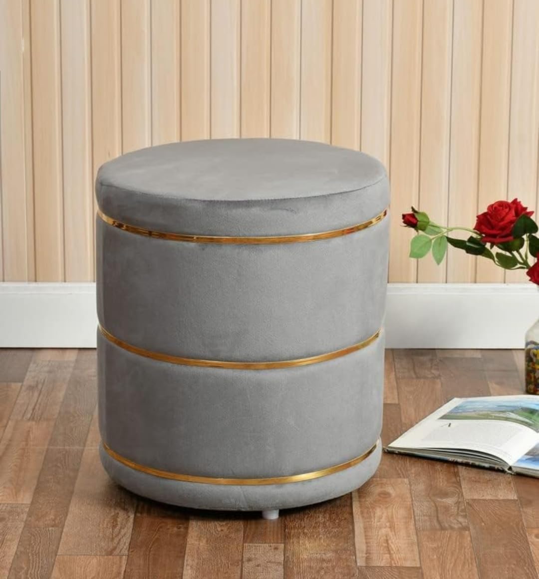Luxury Grey Velvet Round Ottoman Stool with Gold Metal Accents – Modern Pouffe for Living Room & Bedroom