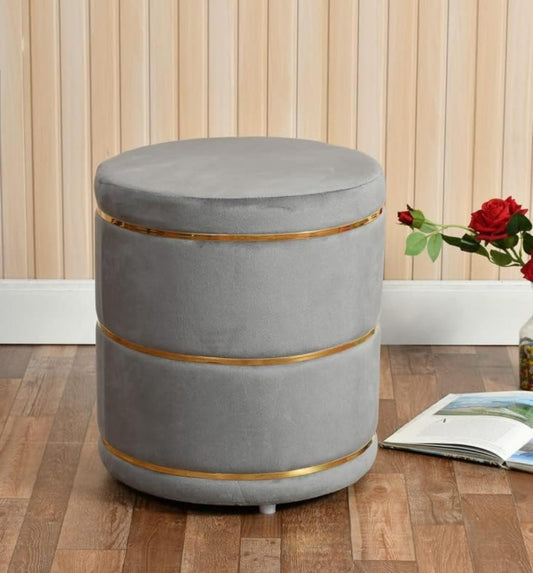 Luxury Grey Velvet Round Ottoman Stool with Gold Metal Accents – Modern Pouffe for Living Room & Bedroom