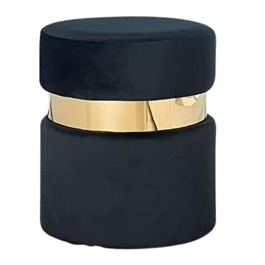 Luxury Black Velvet Storage Ottoman Pouffe with Gold Metal Accent – Round Footstool for Living Room & Bedroom