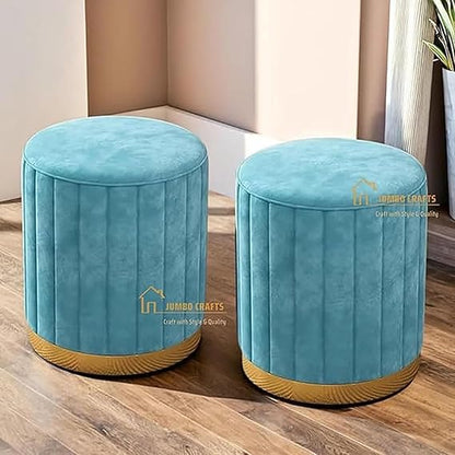 Luxury Velvet Round Ottoman Stool Set (Set of 2) – Modern Upholstered Pouffe with Gold Base