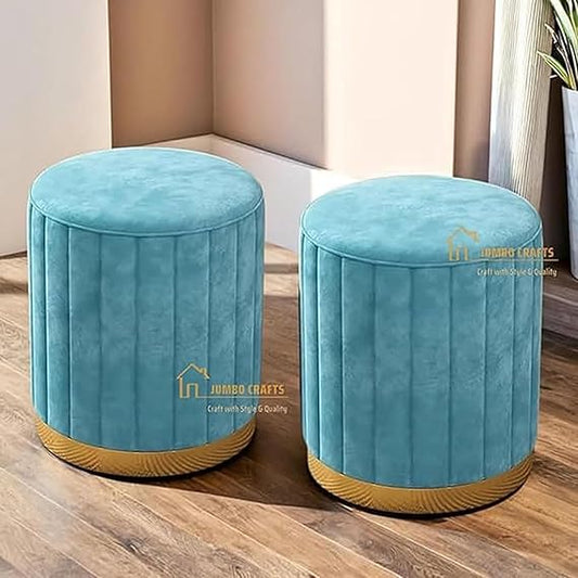 Luxury Velvet Round Ottoman Stool Set (Set of 2) – Modern Upholstered Pouffe with Gold Base