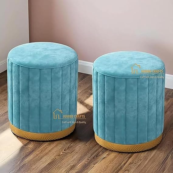 Luxury Velvet Round Ottoman Stool Set (Set of 2) – Modern Upholstered Pouffe with Gold Base