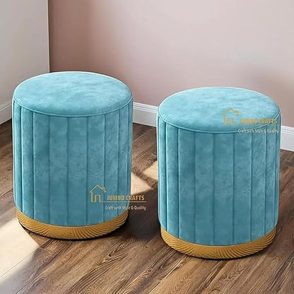 Luxury Velvet Round Ottoman Stool Set (Set of 2) – Modern Upholstered Pouffe with Gold Base