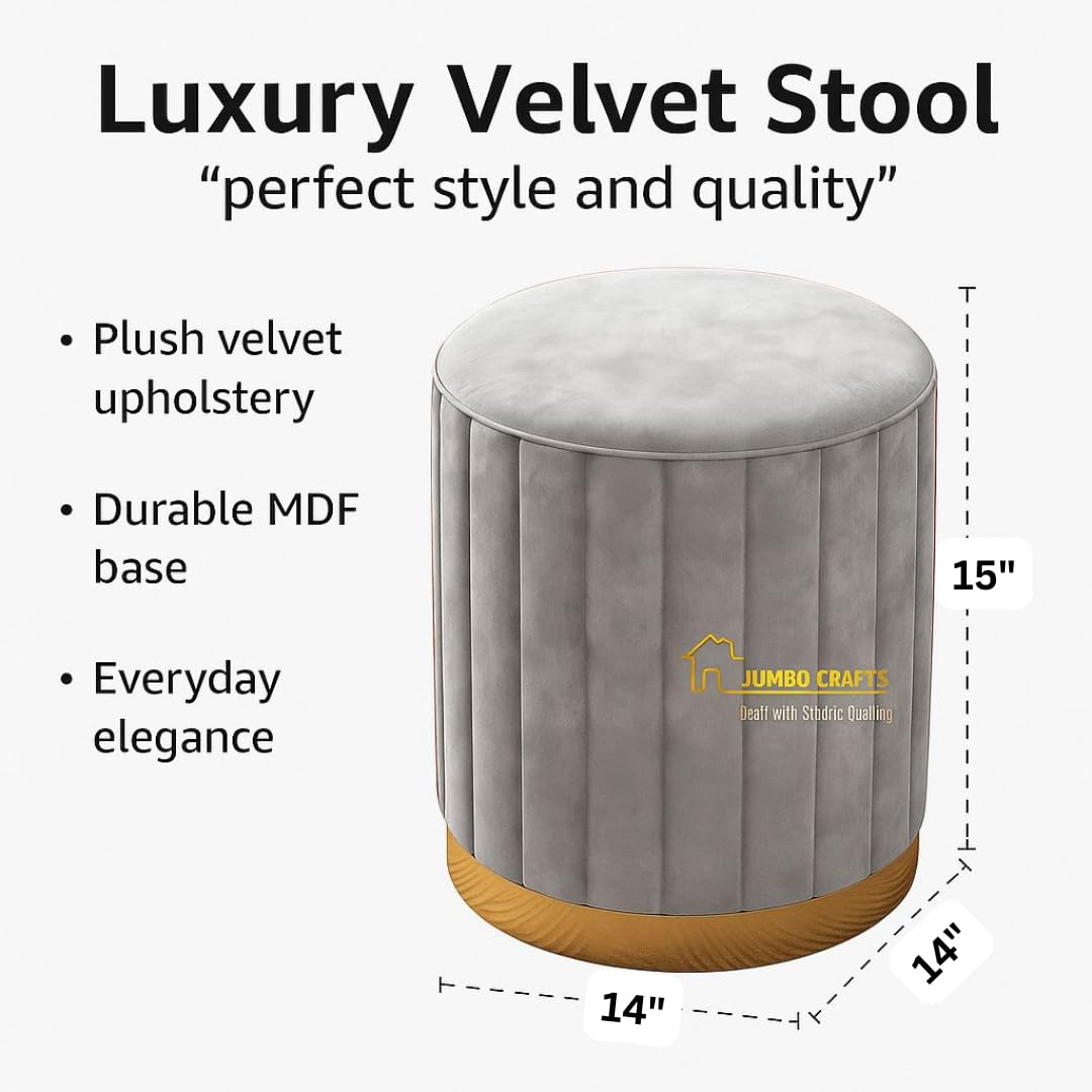 Luxury Grey Velvet Round Ottoman Stool with Gold Base – Modern Upholstered Footrest & Accent Seat