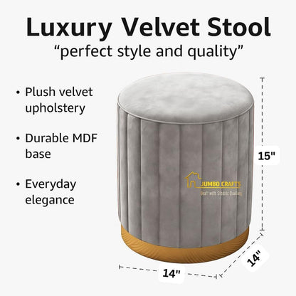 Luxury Grey Velvet Round Ottoman Stool with Gold Base – Modern Upholstered Footrest & Accent Seat