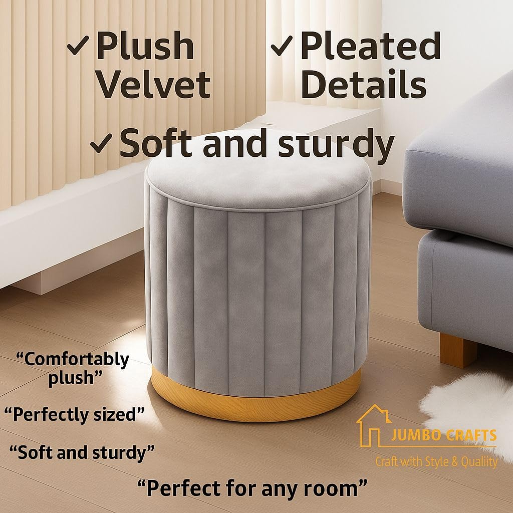 Luxury Grey Velvet Round Ottoman Stool with Gold Base – Modern Upholstered Footrest & Accent Seat