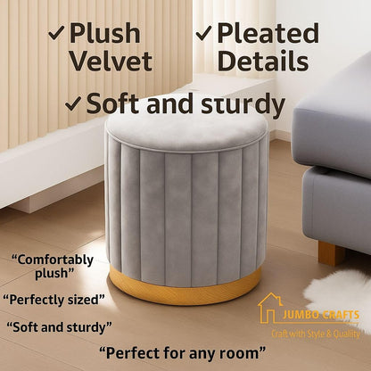 Luxury Grey Velvet Round Ottoman Stool with Gold Base – Modern Upholstered Footrest & Accent Seat