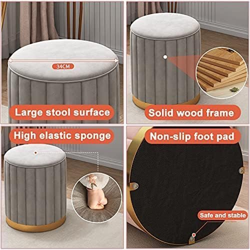Luxury Grey Velvet Round Ottoman Stool with Gold Base – Modern Upholstered Footrest & Accent Seat