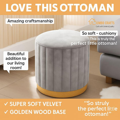 Luxury Grey Velvet Round Ottoman Stool with Gold Base – Modern Upholstered Footrest & Accent Seat
