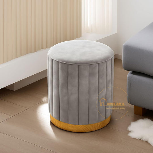 Luxury Grey Velvet Round Ottoman Stool with Gold Base – Modern Upholstered Footrest & Accent Seat