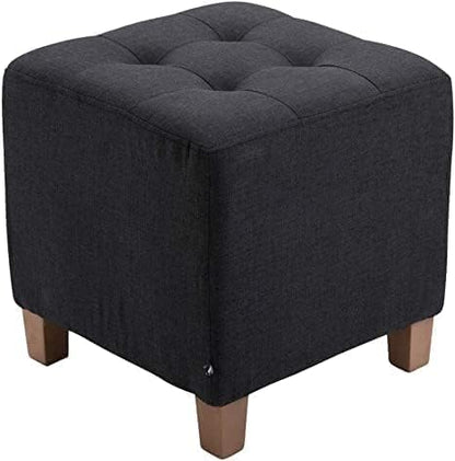 Modern Fabric Upholstered Ottoman Stool with Wooden Legs – Tufted Square Footrest & Extra Seating