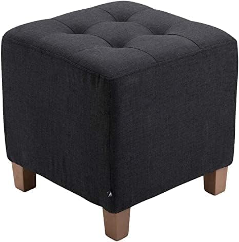 Modern Fabric Upholstered Ottoman Stool with Wooden Legs – Tufted Square Footrest & Extra Seating