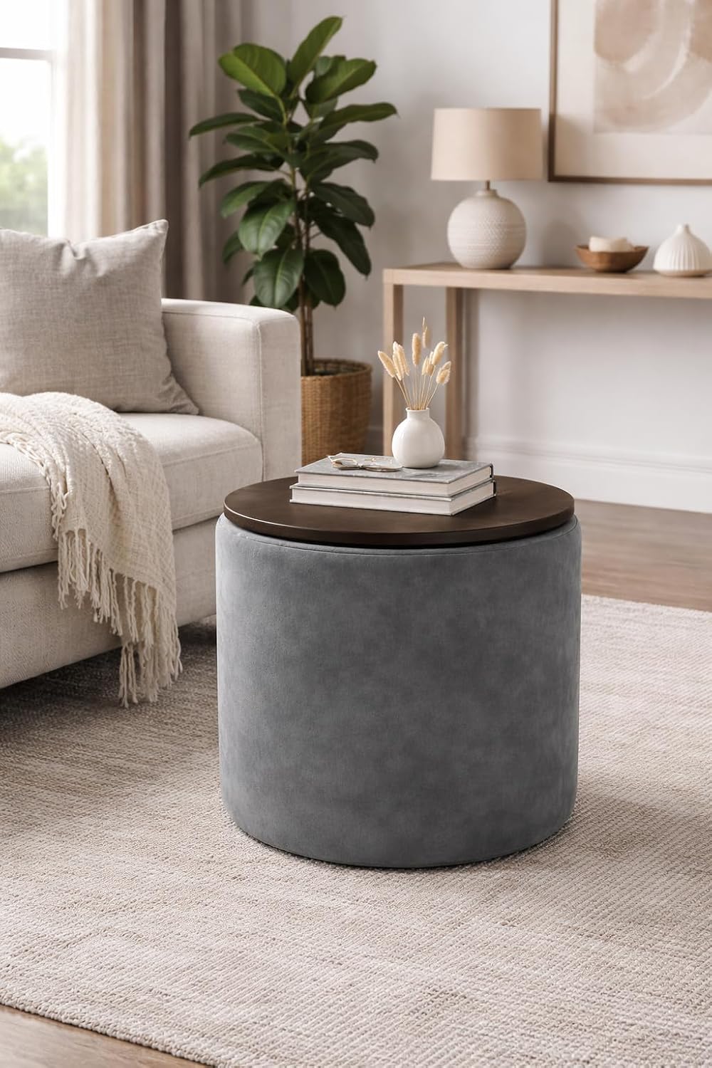Round Storage Ottoman with Wooden Lid – Upholstered Velvet Pouffe for Living Room & Bedroom