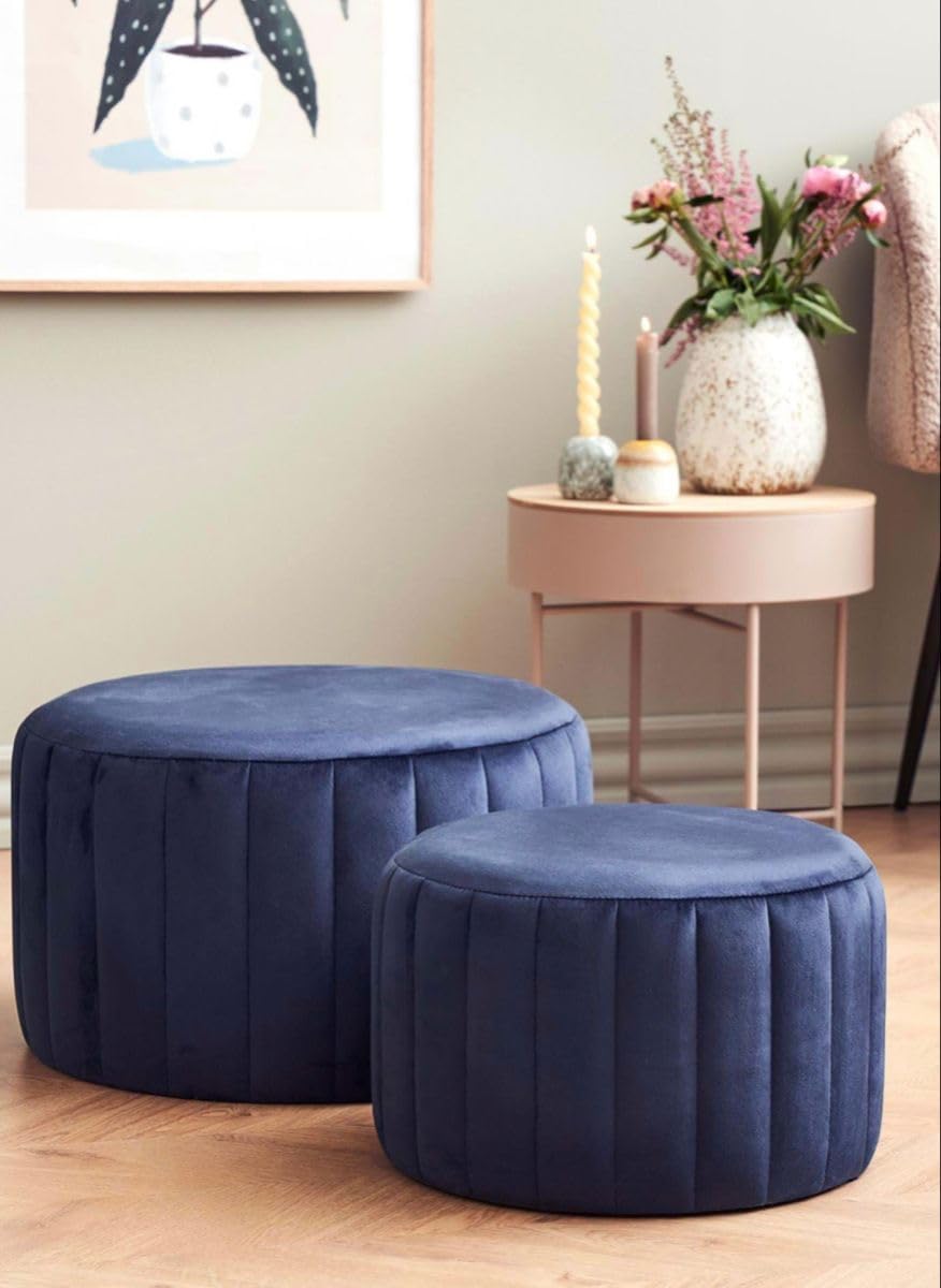 Luxury Velvet Round Ottoman Stool Set of 2 – Soft Padded Footrest & Accent Seating for Living Room | Navy Blue