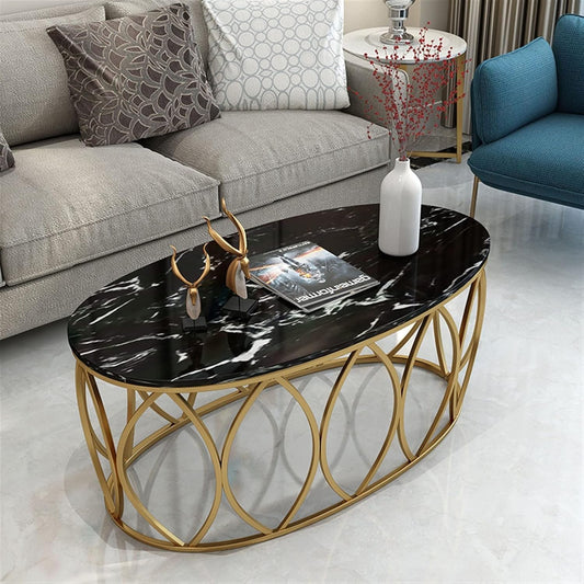 Luxury Oval Coffee Table with Black Marble Top & Gold Metal Base – Modern Center Table for Living Room