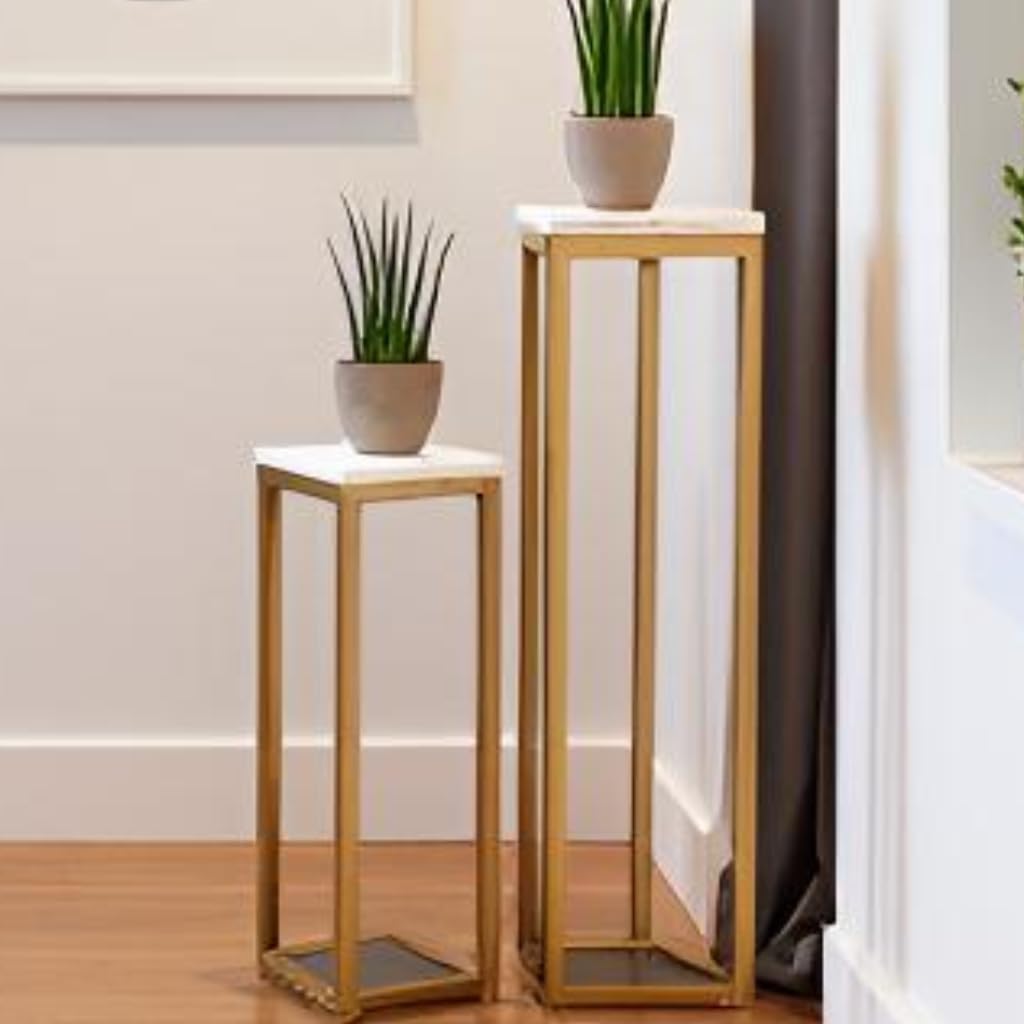 Modern Gold Metal Plant Stand Set of 2 with White Marble Top | Tall & Short Indoor Planter Stands