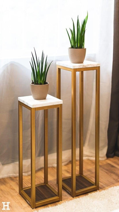 Modern Gold Metal Plant Stand Set of 2 with White Marble Top | Tall & Short Indoor Planter Stands