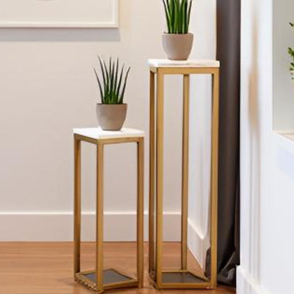 Modern Gold Metal Plant Stand Set of 2 with White Marble Top | Tall & Short Indoor Planter Stands