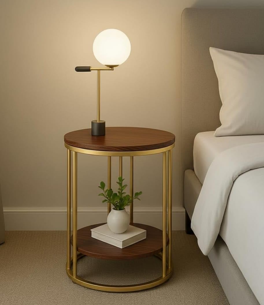 Modern Round Side Table with Wooden Top & Gold Metal Frame – 2-Tier Bedside & Sofa Table
